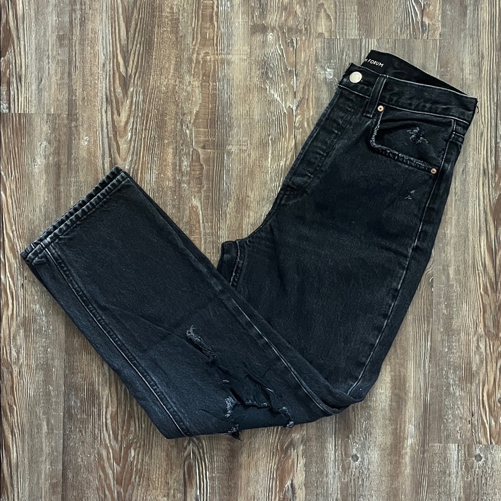 Denim Forum Organic Black Joni High Rise Straight Leg Busted  Knee Grunge Jeans